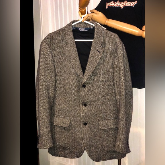 RALPH LAUREN Men’s Tweed Herringbone Single Breast Triple Button Wool Blazer LRG - Picture 2 of 16